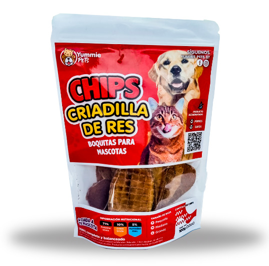 PREMIO PARA PERROS Y GATOS CHIPS CRIADILLAS DE RES 100 GR