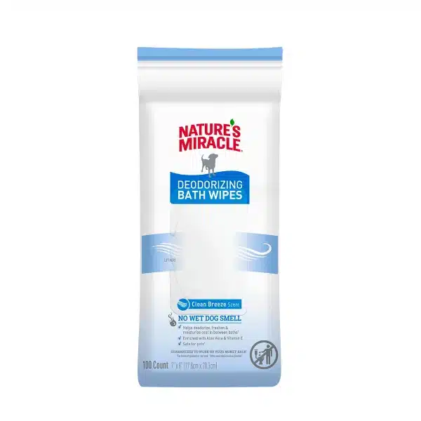 NATURES MIRACLE DEODORIZING BATH WIPES – CLEAN BREEZE SCENT